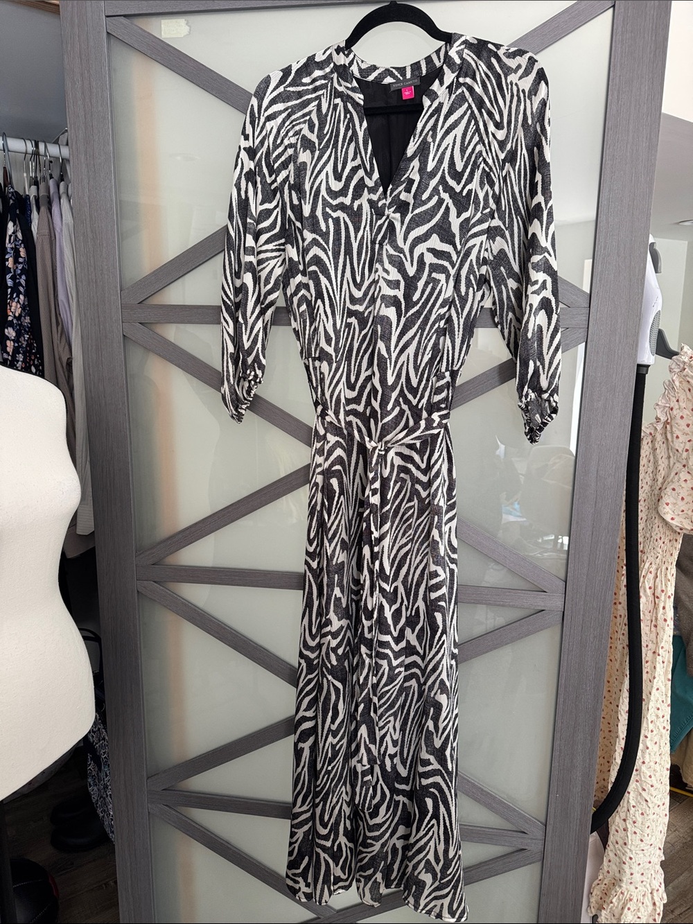 Vince Camuto Wild Zebra Print Satin Belted A-Line Midi Dress L